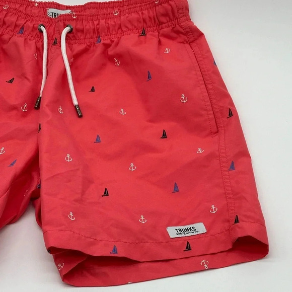 TRUNKS Surf & Swim Co. AnchoEmbroidered  Swim Trunks Men's M Red Drawstring Wais - Picture 3 of 8